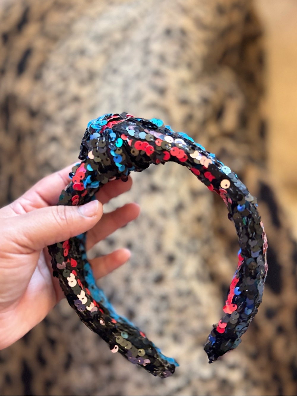 Sequin Knotted Headband in Black with Multicolor Sequins